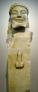 Archaic Greek herm, presumably of Hermes, unusual in that the penis has survived