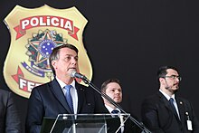 President Jair Bolsonaro ended tourist visa requirements for U.S. citizens, Canadians, Australians and Japanese. 08 10 2020 Solenidade de Encerramento dos Cursos de Formacao Profissional para os cargos de Agente de Policia Federal, Escrivao de Policia Federal e Papiloscopista Policial Federal (50436458443).jpg