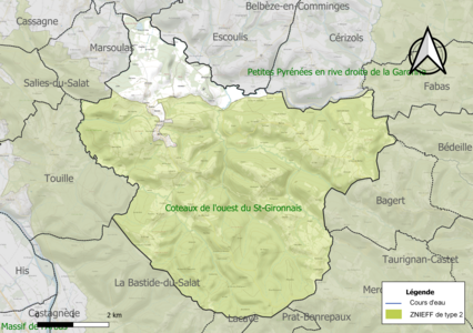 Carte de la ZNIEFF de type 2 sur la commune.