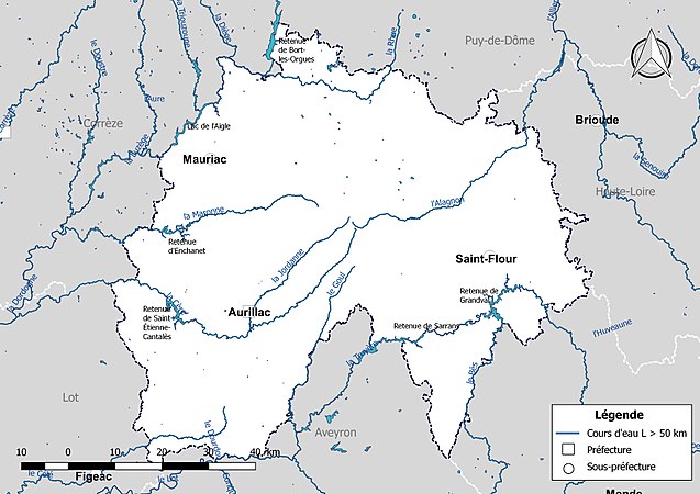Carte des cours d'eau de longueur supérieure à 50 km du Cantal.