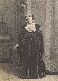 Illustration of María Pacheco in black mourning dress, clutching papers to her chest