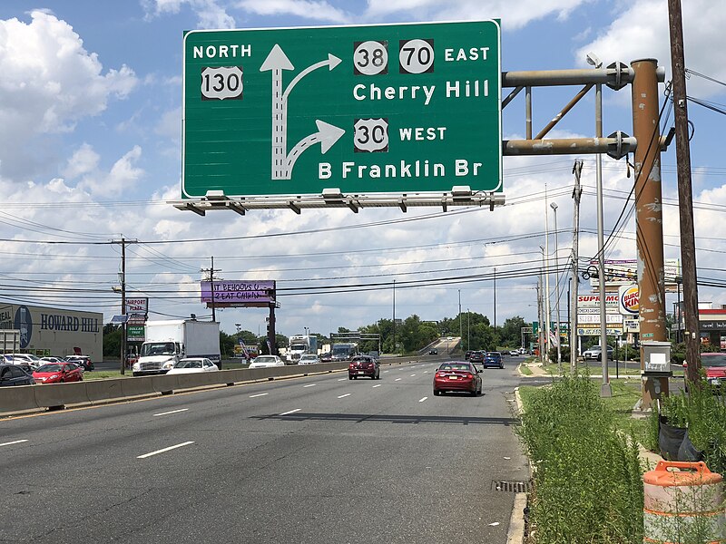 File:2020-07-15 14 19 02 View west along U.S. Route 30 and north along U.S. Route 130 (Crescent Boulevard) at the exit for U.S. Route 130 NORTH-New Jersey State Route 38 EAST-New Jersey State Route 70 EAST (Cherry Hill) in Pennsauken Township, New Jersey.jpg