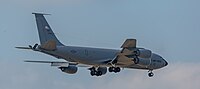 A KC-135R Stratotanker, tail number 57-1439, on final approach at Kadena Air Base in Okinawa, Japan in March 2020. It is assigned to the 22nd Air Refueling Wing and the 931st Air Refueling Wing at McConnell Air Force Base in Wichita, Kansas.