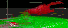 3D NEXRAD velocity scans showing the tornadogenesis of an EF1 tornado near Hollister, Oklahoma 3D NEXRAD scans of a gust front being ingested by the updraft, leading to tornadogenesis of the 2024 Hollister, Oklahoma tornado.gif