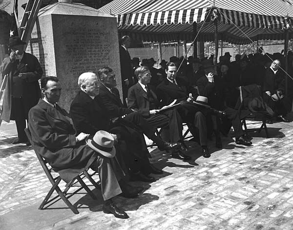 Mayor Tobin (seated, fifth from left) at the dedication of the John Harvard Mall in Charlestown on May 2, 1943.