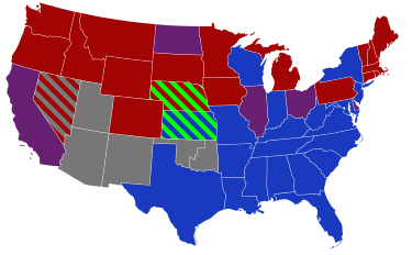 Senators' party membership by state at the opening of the 53rd Congress in March 1893. The green stripes represent Populists, while the gray stripes in Nevada represent Silver Senator William M. Stewart.
.mw-parser-output .legend{page-break-inside:avoid;break-inside:avoid-column}.mw-parser-output .legend-color{display:inline-block;min-width:1.25em;height:1.25em;line-height:1.25;margin:1px 0;text-align:center;border:1px solid black;background-color:transparent;color:black}.mw-parser-output .legend-text{}
2 Democrats
1 Democrat and 1 Republican
2 Republicans
Territories 53rd United States Congress Senators.svg