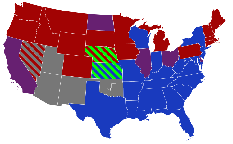 Senators' party membership by state at the opening of the 53rd Congress in March 1893. The green stripes represent Populists, while the gray stripes in Nevada represent Silver Senator William M. Stewart. .mw-parser-output .legend{page-break-inside:avoid;break-inside:avoid-column}.mw-parser-output .legend-color{display:inline-block;min-width:1.25em;height:1.25em;line-height:1.25;margin:1px 0;text-align:center;border:1px solid black;background-color:transparent;color:black}.mw-parser-output .legend-text{}  2 Democrats   1 Democrat and 1 Republican   2 Republicans   Territories