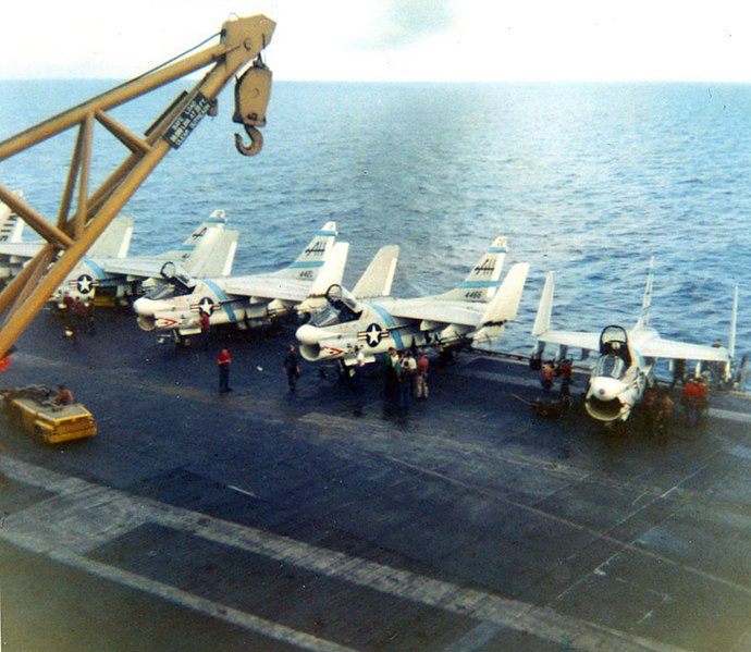 File:A-7B Corsair IIs of VA-87 aboard USS Ticonderoga (CVA-14), in 1969.jpg