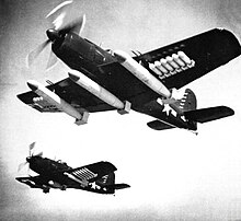 Two AM-1s during armament tests 30 March 1949; the aircraft closest to the camera is the one that set the unofficial payload record and is today preserved in the National Naval Aviation Museum AM-1s armed.jpg