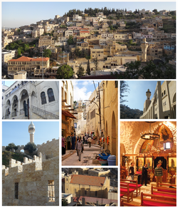 En el sentido de las agujas del reloj desde la parte superior izquierda: horizonte de As-Salt, Gran Mezquita de As-Salt, Iglesia de San Jorge, Iglesia Latina, Castillo de As-Salt, Museo Arqueológico de As-Salt, Al-Hammam Road y Pequeña Mezquita de As-Salt.