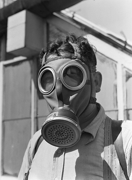 A worker in a plant nursery wears a respirator to protect against the insecticides sprayed in the greenhouses, 1930.