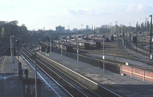 Acton Main Line station with marshalling yard, 1980