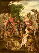 After Peter Paul Rubens. The reconciliation of Jacob and Esau label QS:Lde,"Die Versöhnung von Jakob und Esau" label QS:Len,"The reconciliation of Jacob and Esau" label QS:Lpl,"Pojednanie Jakuba z Ezawem" label QS:Lnl,"De verzoening van Jacob en Esau" . 17th century date QS:P,+1650-00-00T00:00:00Z/7 . oil on panelmedium QS:P186,Q296955;P186,Q106857709,P518,Q861259. 32.7 × 24 cm (12.8 × 9.4 in). Amsterdam, Rijksmuseum Amsterdam.