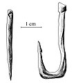 後期旧石器時代に作られた釣り針。材質は動物の骨