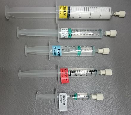 Syringes prepared with medications that are expected to be used during an operation under general anesthesia maintained by sevoflurane gas: – Propofol, a hypnotic – Ephedrine, in case of hypotension – Fentanyl, for analgesia – Atracurium, for neuromuscular blockade – Glycopyrronium bromide (here under trade name "Robinul"), reducing secretions