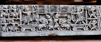 Arjuna Karna final battle, Kurukshetra war, 12th-century Mahabharata relief, Hoysalesvara temple Halebidu.jpg