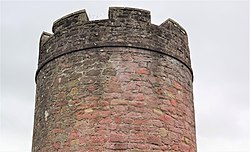 Detail of the castellations and the so-called 'rat course'. Auchinbaird windmill. tower castellation and rat course detail. Sauchie. Clackmannanshire.jpg