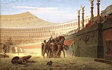 Ave Imperator, morituri te salutant (Hail, Cesar, those who will die salute you), by Jean-Leon Gerome, 1859 Ave Caesar Morituri te Salutant (Gerome) 01.jpg
