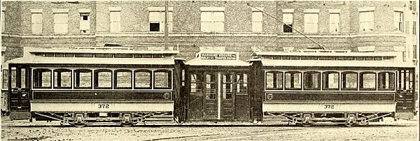 BERy articulated streetcar no. 2 in 1913. The Boston Elevated Railway was the world's first street railway system to use articulated streetcars.