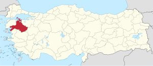 Balıkesir highlighted in red on a beige political map of Turkeym