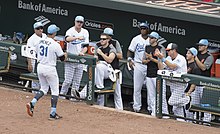 The home team's dugout at Oriole Park at Camden Yards in 2017 Baltimore Orioles dugout (35355780946).jpg