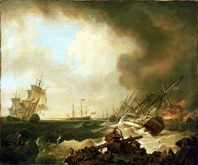 Battle of Quiberon Bay: the Day After (Richard Wright, 1760). The Dublin-class HMS Resolution is on her starboard side in the foreground