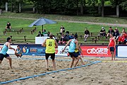 Deutsch: Beachhandball Europameisterschaften 2019 (Beach handball Euro); Tag 1: 2. Juli 2019 – Männer, Vorrunde Gruppe A, Deutschland-Norwegen 2:0 (22:14, 22:20) English: Beach handball Euro; Day 1: 2 July 2019 – Men Preliminary Round Group A – Germany-Norway 2:0 (22:14, 22:20)