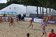 Deutsch: Beachhandball Europameisterschaften 2019 (Beach handball Euro); Tag 2: 3. Juli 2019 – Frauen, Vorrunde Gruppe D, Dänemark-Russland 2:0 (21:16, 18:12) English: Beach handball Euro; Day 2: 3 July 2019 – Women Preliminary Round Group D – Denmark-Russia 2:0 (21:16, 18:12)