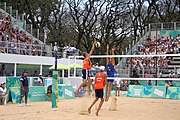 Deutsch: Beachvolleyball bei den Olympischen Jugendspielen 2018; Tag 11, 17. Oktober 2018; Jungen,Finale – Niederlande (Matthew Immers/Yorick de Groot)-Schweden (David Åhman/Jonatan Hellvig) 0:2 (20–22/15–21) English: Beach volleyball at the 2018 Summer Youth Olympics at 17 October 2018 – Final – Netherlands (Matthew Immers/Yorick de Groot)-Sweden (David Åhman/Jonatan Hellvig) 0:2 (20–22/15–21)