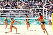 Deutsch: Beachvolleyball bei den Olympischen Jugendspielen 2018; Tag 9, 15. Oktober 2018; Mädchen, Viertelfinale: USA-Spanien 2–1 (21–19/17–21/15–9) English: Beach volleyball at the 2018 Summer Youth Olympics at 15 October 2018 – Girls Quarterfinals: USA-Spain 2–1 (21–19/17–21/15–9)