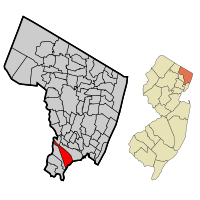 Map highlighting East Rutherford's location within Bergen County. Inset: Bergen County's location within New Jersey