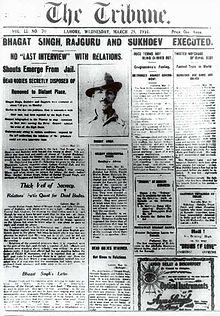 Bhagat Singh's execution Lahore Tribune Front page.jpg