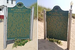 Dual-sided Michigan state historic marker Big Sable Point Lighthouse state historic marker.jpg