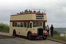 Passengers on board an old Leyland Titan open-top bus view the scenery in Devon. Bishopsteignton - Stagecoach 19992 (LRV992).JPG