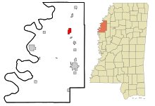 Bolivar County Mississippi Sisällytetyt ja rekisteröimättömät alueet Shelby Highlighted.svg