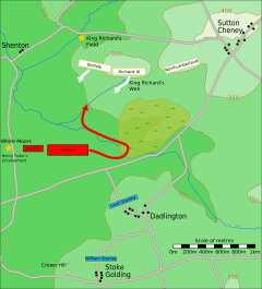 Battlefield map. Three white boxes are across the top; arrows extend downward from the left two, labelled 