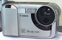 Canon PowerShot 600, Canon's first consumer digital camera, released in 1996 featuring 0.5 Mpixel CCD
Specifications:
Brand:
Canon
Model:
PowerShot 600
First Mentioned:
1996
Resolution:
832x608
internal storage:
1MB
Lens:
7mm f/2.5 (equiv.50mm)
Size:
159.5 x92.5 x58.8mm
Weight:
420 gr. (just the camera) Canon PowerShot 600 CP+ 2011.jpg