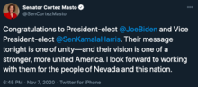 Thumbnail for File:Catherine Cortez Masto congratulates Joe Biden and Kamala Harris upon winning the 2020 president election.png