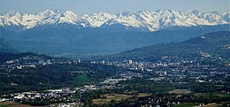 Panorama of Chambéry with Belledonne mountain range at the background.