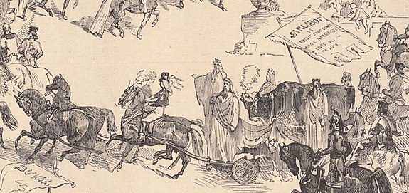 Gravure figurant sur un char, tiré par quatre chevaux, un bœuf et quatre hommes barbus vêtus de toges à la façon des druides
