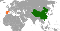 Mapa indicando locais da China e Espanha