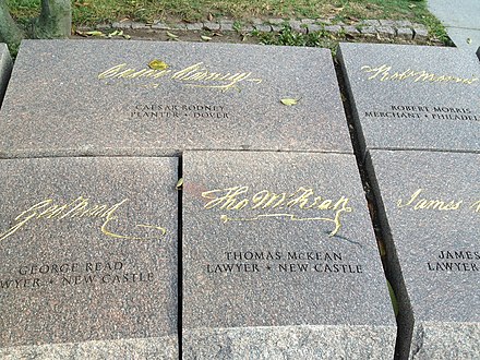 Each memorial stone includes the delegate's signature, name, occupation, and place of residence.