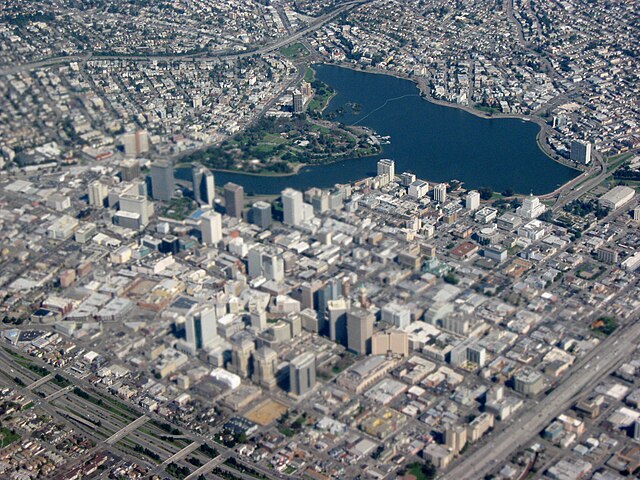 Aerial view of Downtown Oakland and Lake Merritt