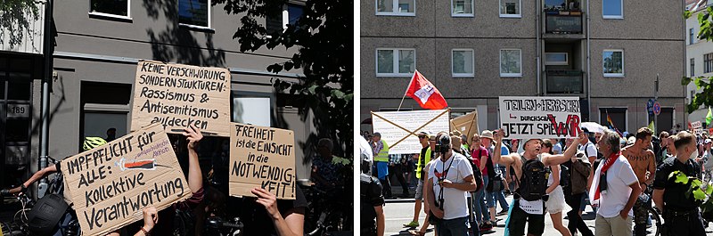 File:Collage Antifascist bicycle demonstration Berlin 2020-08-01 14 and Conspiracy theorist protest Berlin 2020-08-01 109.jpg