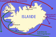 Carte de l'Islande, indiquant les différentes expéditions pour s'installer en Islande.