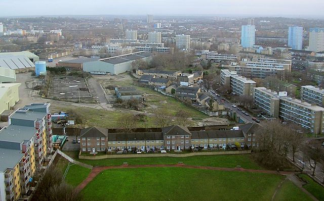 View of Pepys Park, Convoys Wharf, Sayes Court, and over Deptford towards Lewisham