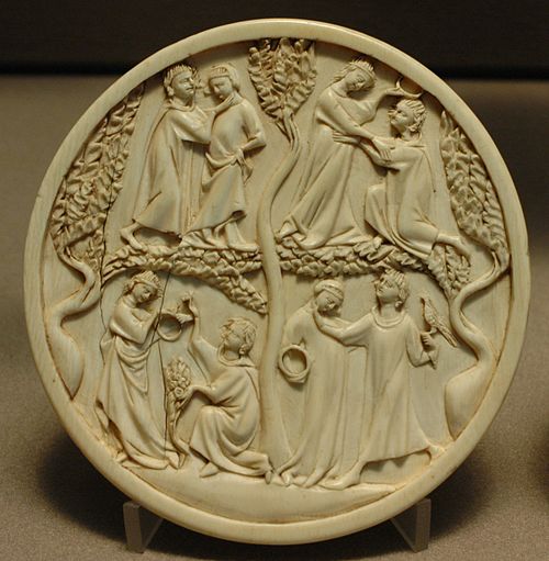 Scenes of courtly love on a lady's ivory mirror-case. Paris, 1300–1330.