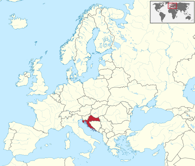 Carte administrative de l'Europe, montrant la Croatie en rouge.