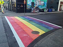 One of Seattle's rainbow crossings on Capitol Hill in 2015 Crosswalk at 10th Ave & E Pike St (north leg) (19078932782).jpg