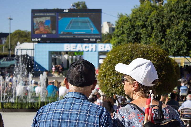 File:Crowds watching Rod Laver Arena tennis match on big screen in Garden Square during the 2023 Australian Open (52679309402).jpg